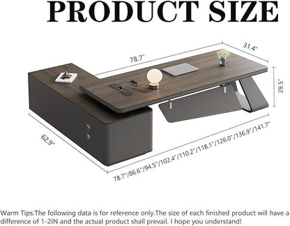 L Shaped Executive Desk, 78.7 inch Large Executive Computer Desk Set Drawers and Lockable, Power Socket and USB Port Storage, Without Display Racks and Bookshelves