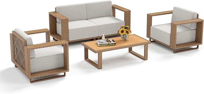 Outdoor Patio Furniture Set, 5 Piece Outdoor Rattan Wicker Sofa Couch, Conversation Sets with 2 Single Sofa, 2 Armchairs and Coffee Table for Deck Backyard Lawn
