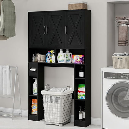 Over The Toilet Storage Cabinet, Farmhouse Toilet Cabinet Rack with 3 Barn Doors, Space Saving Bathroom Organizer with Shelves, Toilet Paper Holder and Towel Rack for Bathroom,Restroom,Pure Black