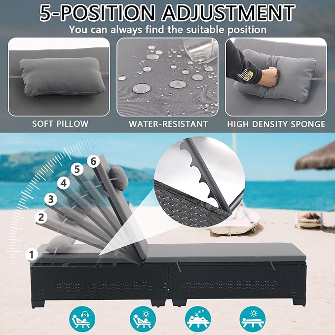3 PCS Patio Chaise Lounge with Coffee Table Cushion&Pillow Outdoor Lounge Chair Chaise Lounger Patio Reclining Chair 5 Angle Adjustment Black PE Rattan for Courtyards Poolside (Dark Gray)