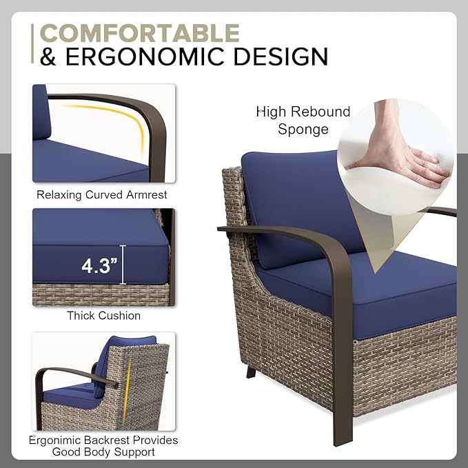 COOS BAY Aurora Terrace Half-Moon Outdoor Furniture Set, Rattan Conversation Set with Patio Chairs, Curved 5-Seat Sofa, Coffee Table & Side Table, Seats 7, Beige/Blue