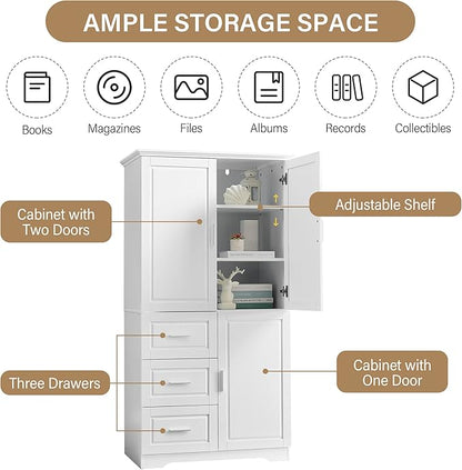 P PURLOVE Bathroom Storage Cabinet with 3 Drawers,Tall and Wide Bathroom Cabinet Standing,Wood Freestanding Tall Bathroom Cabinet for Kitchen,Living Room