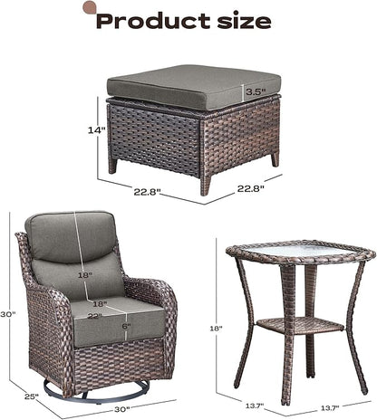 Rilyson Wicker Outdoor Patio Furniture Set - 5 Piece Patio Conversation Sets with Swivel Rocker Chairs, Ottomans and Side Table, 6 inch Cushions, Waterproof Wicker, for Porch Deck Brown/Grey