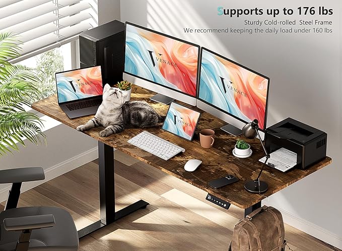 55 x 24 inch Electric Standing Desk Adjustable Height with 4 Wheels, 4 Memory Height Settings, 2 Headphone Hook, for Home Office, Splice Board Brown