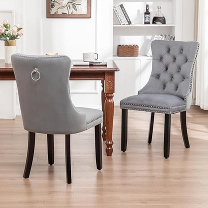Velvet Dining Chairs Set of 4, Upholstered Dining Room Chairs with Nailhead Ring Pull Trim, Button Tufted Wing Back Chairs for Dining with Solid Wood Legs for Kitchen Dining Room(Grey)