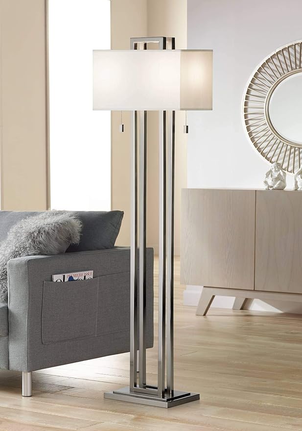 Possini Euro Design Modern Standing Floor Lamp Double Tier 62" Tall Brushed Nickel Silver Openwork Rectangular Off White Fabric Shade Decor for Living Room Reading House Bedroom Home