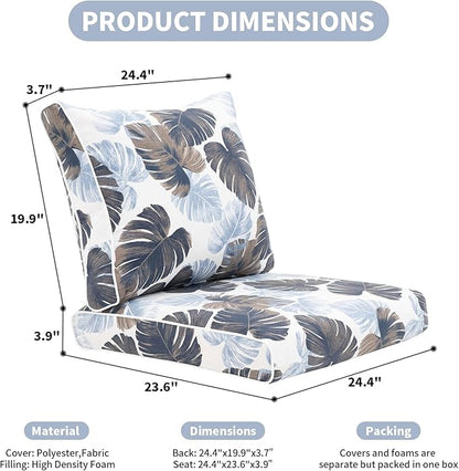 Outdoor Cushion Set for Patio Furniture Deep Seat Chair Cushions Weather Resistant Sofa Chair Pad, 24.4x23.6 Inch, Blue Leaves