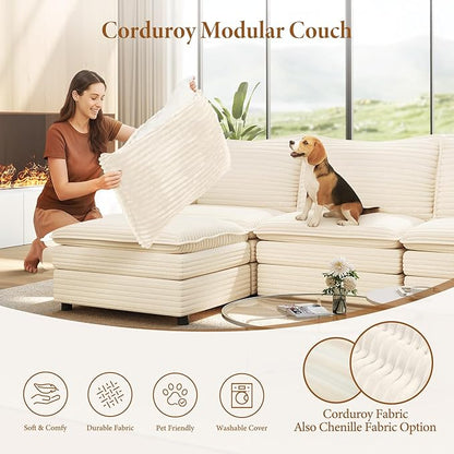 Vesgantti 108" U Shaped Sectional Couch, Comfy Cloud Modular Sectional Sofa with 2 Ottoman Deep Seat Corduroy Modern Cloud Sofa, Modular Sofas for Living Room, Bedroom and Apartment, Beige