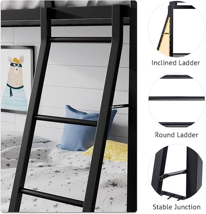 SHA CERLIN Loft Bunk Bed Twin Over Twin Size with Ladder and Guardrail,Heavy Duty Metal Slats Support No Box Spring Needed Small Space Saving Furniture for Bedroom Dorm,Black