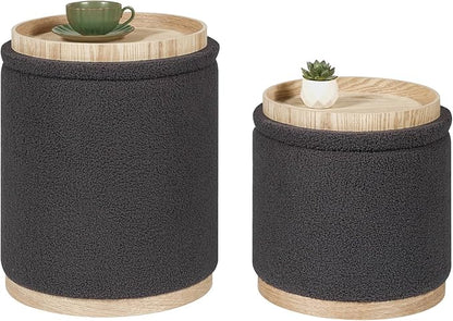 PINPLUS Round Ottoman with Storage Set of 2, Storage Ottoman with Tray, Teddy Velvet Ottoman Storage Modern Multifunctional Foot Rest Stool for Bedroom, Living Room, Dorm (Dark Grey)