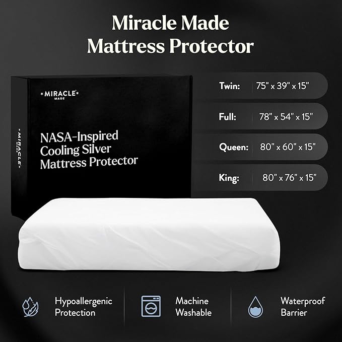 Miracle Made Mattress Protector – Silver-Infused Cotton Fabric – Water-Resistant, Thermoregulating Cover for Sensitive Skin – Compatible with 3-Temperature Zone Comforter, Queen, White