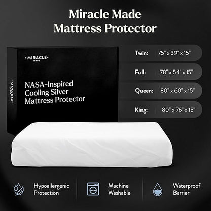 Miracle Made Mattress Protector – Silver-Infused Cotton Fabric – Water-Resistant, Thermoregulating Cover for Sensitive Skin – Compatible with 3-Temperature Zone Comforter, Queen, White