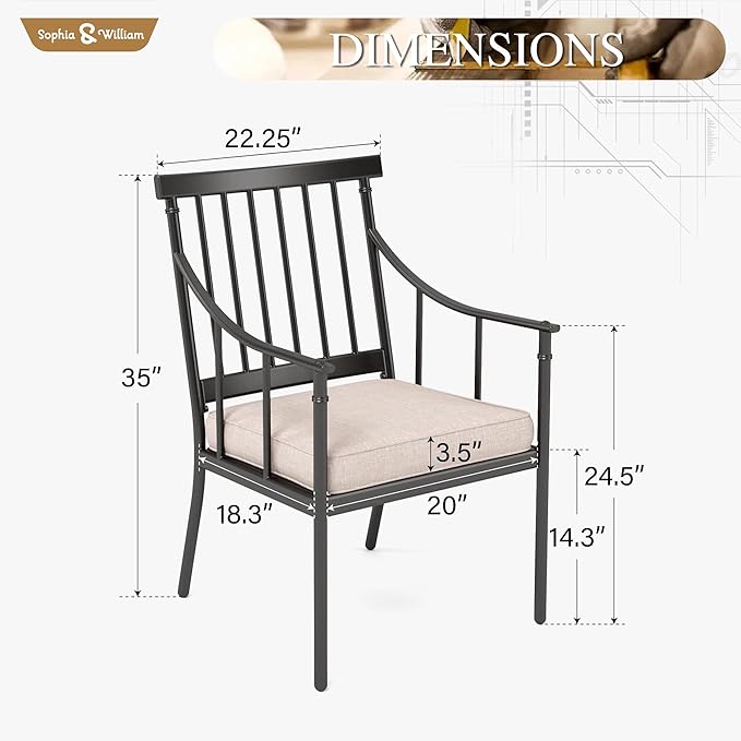 Sophia & William Metal Outdoor Dining Chairs with Seat Cushion, Black Patio Chairs Set of 6, Patio Bistro Conversation Furniture Set for Porch Yard Balcony, Load Capacity: 300lbs