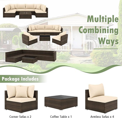 Tangkula 7 Pieces Patio Rattan Furniture Set, Patiojoy Outdoor Conversation Set with Cushions and Tempered Glass Coffee Table, All-Weather Sectional Sofa Set for Garden, Lawn, Backyard