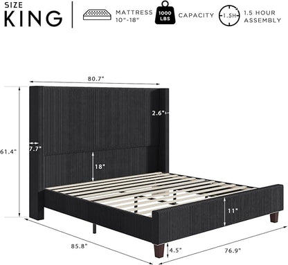 HOWE King Size 61" Corduroy Upholstered Bed Frame, Platform Bed with Vertical Stripe Wingback Headboard, No Box Spring Needed/Noise Free/Solid Wood Slats & Legs/Black