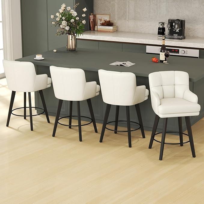 360°Swivel Counter Height Bar Stools with Back, 26 inch Solid Wood Legs, Bar Stool Modern Kitchen Island Chairs, Faux Leather (Beige- Faux Leather, 26" H- Set of 6)