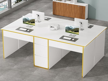 4 EVER WINNER Two Person Desk with Drawers, 78.72 Inch Extra Long Computer Desk with 5 Storage Drawers, Study Writing Desk with Storage Shelves for Home Office, White and Gold Desk