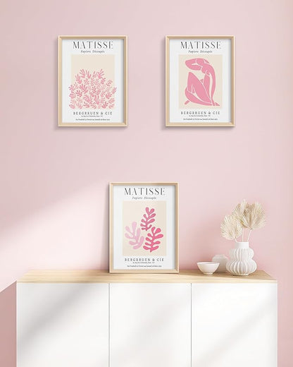 Framed Matisse Pink Canvas Wall Art,Abstract Matisse Canvas Wall Decor,16x12IN High Framed Wood Design Prints,Minimalist Wood Frame Posters for Living Room,Bedroom,Bathroom Set of 3