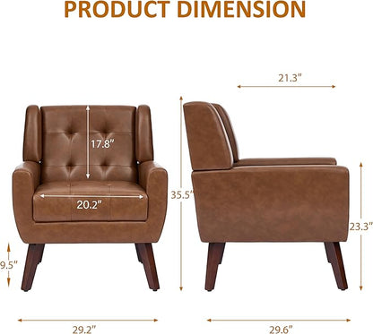 Faux Leather Accent Chairs Set of 2, Mid-Century Modern Upholstered Armchair, Comfy Living Room Chairs Reading Chairs with Button Tufted Back & Solid Wood Legs for Bedroom, Office, Coffee