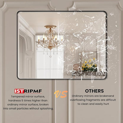 Black Metal Framed Bathroom Mirror for Wall,40X38 Rounded Rectangle Mirror, Matte Black Bathroom Vanity Mirror Farmhouse, Anti-Rust, Tempered Glass, Hangs Horizontally or Vertically
