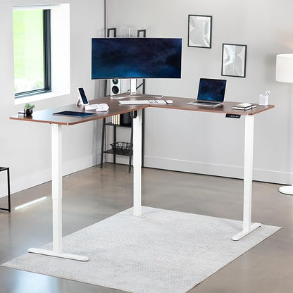 VIVO Corner Standing Desk, 75 x 63 inch Reversible L-Shaped Workstation, Electric Height Adjustment, Home, Office, and Reception Rooms, Dark Walnut Table Top White Frame, DESK-E3CTWD-75