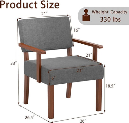 KOMFOTT Upholstered Accent Chair, Mid-Century Modern Armchair with Rubber Wood Frame, Linen Fabric Living Room Chair with Padded Seat & Backrest, Comfy Reading Chair for Bedroom, Waiting Room, Grey