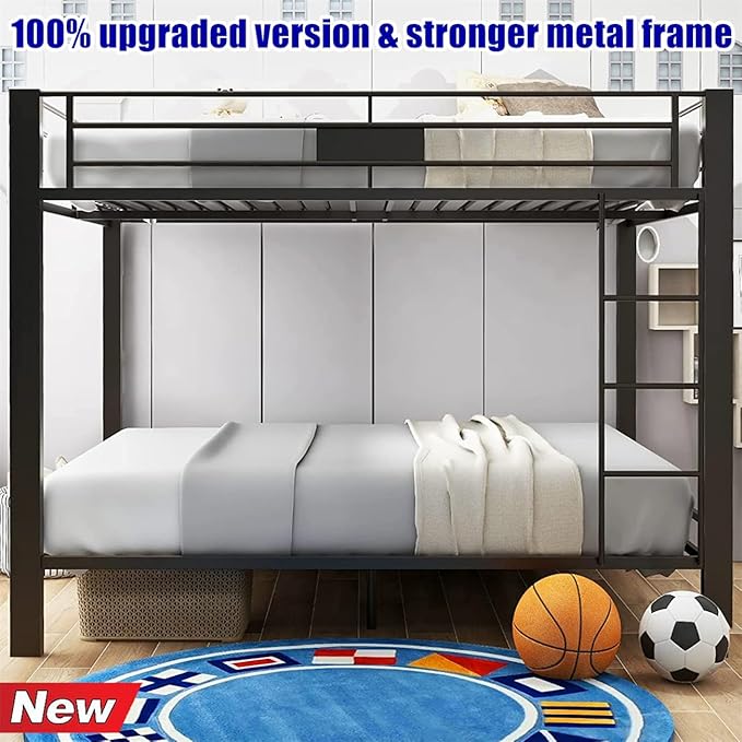 Stronger & Higher Quality Heavy Duty Steel Bunk Bed Queen Over Queen Size Bunkbed, Thickened Safer More Stable Metal Queen Bunk Bed Frame (Faster Assembly) (Queen Over Queen-1)