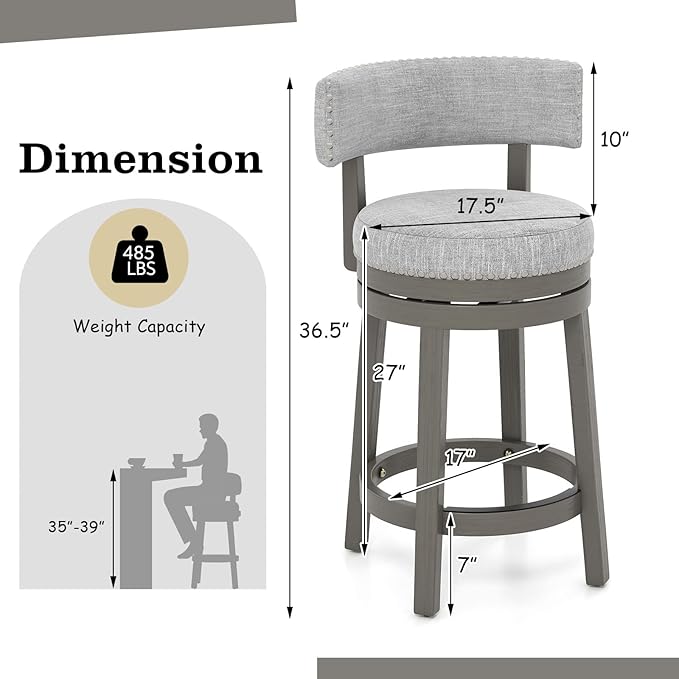 COSTWAY Bar Stool Set of 2, 27-inch 360° Swivel Barstool with Upholstered Back & Seat, Solid Rubber Wood Legs & Footrest, Farmhouse Counter Height Chair for Home, Bar, Cafe, Grey (2, Seat height 27‘’)