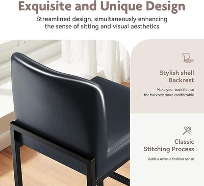ALPHA HOME 24 Inch Bar Stools Set of 3, Kitchen Counter Stools with Backs, PU Leather Barstools, Kitchen Stools with Back&Upholstered Footrest, Sturdy Chromed Metal Steel Frame, Midnight Blue