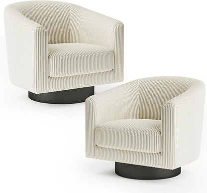 360° Swivel Accent Chairs Set of 2, Modern Bucket Chair, Corduroy Barrel Armchair, Comfy Boucle Chair, Single Sofa for Living Room Bedroom. Cream White