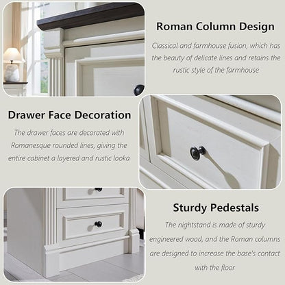 26" Tall Nightstand with Charging Station, Farmhouse 23.6" Wide Large End Table w/Roman Column, Wood Rustic Side Table w/Metal Handle, 3 Drawers Dresser for Bedroom, Living Room, White