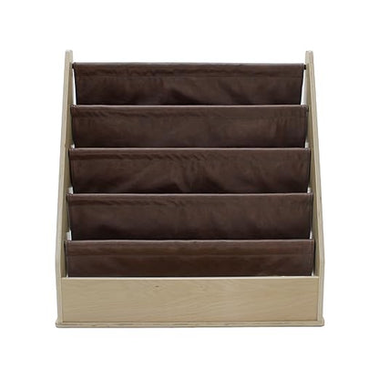 Factory Direct Partners Rustic Kid Birch Sling Book Display; Distressed Faux Leather 4-Shelf Storage for Books or Magazines; Furniture for Bedroom, Playroom, Daycare or Classroom - Walnut, 13745-323