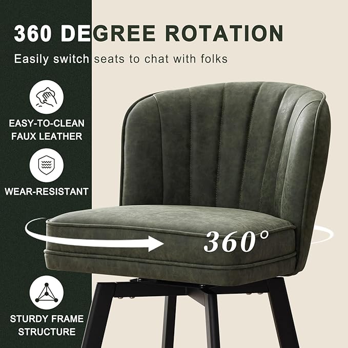 Swivel Counter Height Bar Stools Set of 3, 30'' Modern Barstools with Backs and Metal Legs, Upholstered Bar Chairs, Faux Leather Green Stools for Kitchen Island Chairs