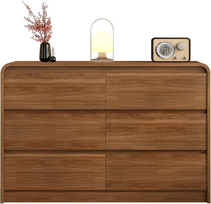 6 Drawer Dresser For Bedroom 47 Inch Wood Chest of Drawers - Curved Anti Collision, Mid Century Dresser For Closet with Natural Texture & Pre-Embedded Slots for TV Stand, Living Room, Nursery
