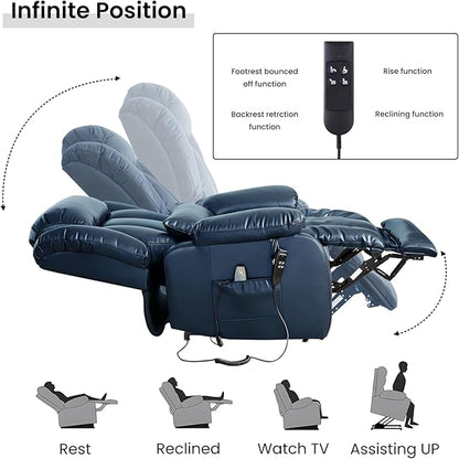 TEKAMON Power Lift Recliner Chair for Elderly with Heat & Massage, Dual Motor Genuine Leather Recliner, Lay Flat Sleeping Chairs with Infinite Position, RemoteControl(Deep Blue, Extended)