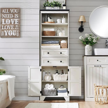 ACCOHOHO Farmhouse Tall Bathroom Storage Cabinet, 72" Storage Cabinet with 2 Drawers, Adjustable Shelves & Barn Door, Cabinet for Bathroom, Living Room, Kitchen, Off White