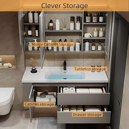 48IN Suspended Bathroom Cabinet Combo Set - Fully Functional LED Mirror with Smart Defogging & Time Display | Bathroom Vanity with Sink,Side Cabinet Storage Compartment (Style A)