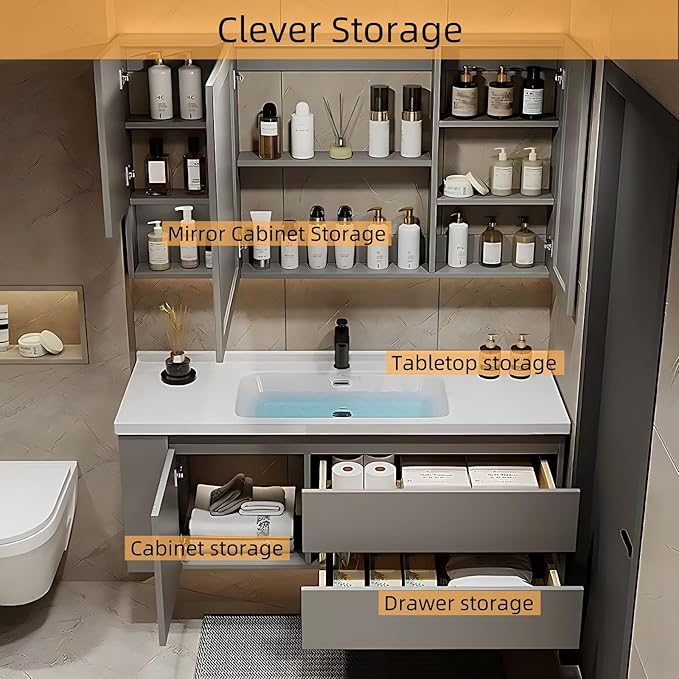 44IN Suspended Bathroom Cabinet Combo Set - Fully Functional LED Mirror with Smart Defogging & Time Display | Bathroom Vanity with Sink,Side Cabinet Storage Compartment (Style A)