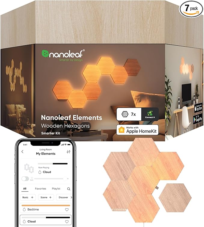 Nanoleaf Elements Wood Look Smart Wall Lights, Hexagon LED Wall Lights work with Alexa Google Assistant, Home Wall Decor for Living Room with Music Sync, Touch Control, Ambient Lighting, 7 PK