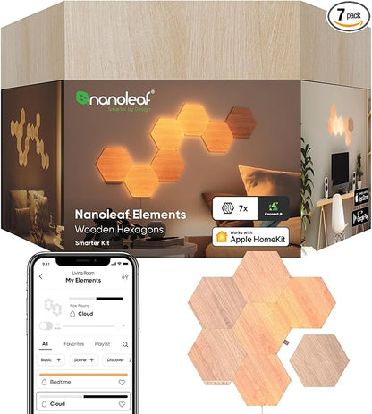 Nanoleaf Elements Wood Look Smart Wall Lights, Hexagon LED Wall Lights work with Alexa Google Assistant, Home Wall Decor for Living Room with Music Sync, Touch Control, Ambient Lighting, 7 PK