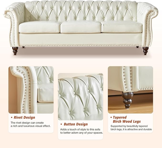 Chesterfield 3 Seater Sofa, Modern Leather Tufted Couch 3 Seater with Rolled Arms and Nailhead Mid-Century Upholstered Couch for Living Room, Bedroom, Apartment and Office, White