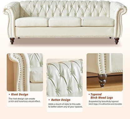 Chesterfield 3 Seater Sofa, Modern Leather Tufted Couch 3 Seater with Rolled Arms and Nailhead Mid-Century Upholstered Couch for Living Room, Bedroom, Apartment and Office, White
