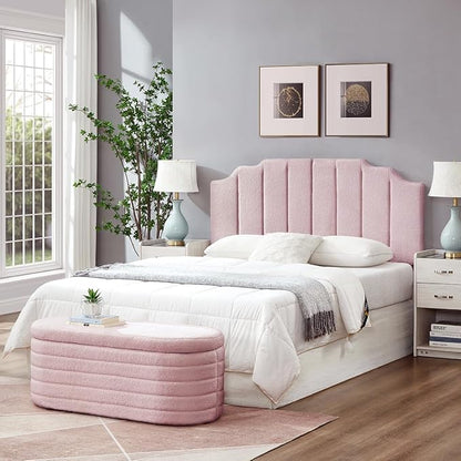 24KF Pink Teddy Fabric Tufted for Queen Upholstered Headboard, Modern Vertical Channel Design Full Headboard with Stepped Silhouette Top Edge,6026-Q-Teddy Pink