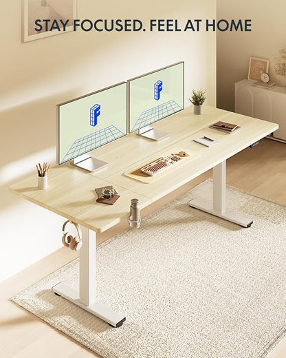 FLEXISPOT 63x32 Inch Electric Large Standing Desk for Home & Office, Spacious Splice Board Desk with Cable Management & Organizer, Cup Holder & Hook, White Wood Grain