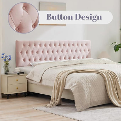 Kingfun Tufted Upholstered Queen Size Bed Headboard in Modern Button Design, Adjustable Solid Wood Head Board, Premium Velvet Fabric Padded Headboards in Bedroom (Pink)