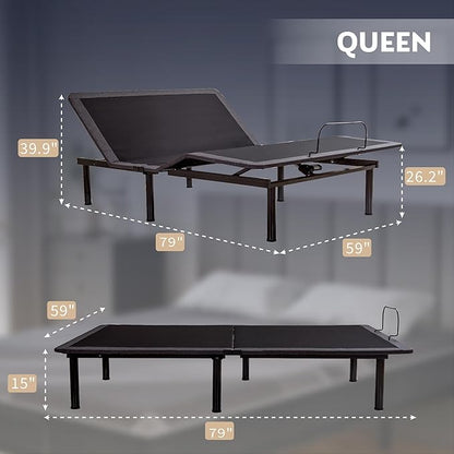 Queen Adjustable Bed Base Frame with Wireless Remote + 12 Inch Queen Gel Memory Foam Mattress Bed in a Box, Head and Foot Incline, Zero Gravity, Fiberglass Free, 80" × 60"