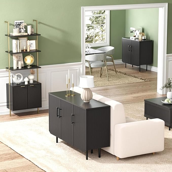 Buffet Cabinet with Storage, Sideboard with 2 Doors, Adjustable Shelf, Fluted Accent Cabinet for Living Room, Modern,Black