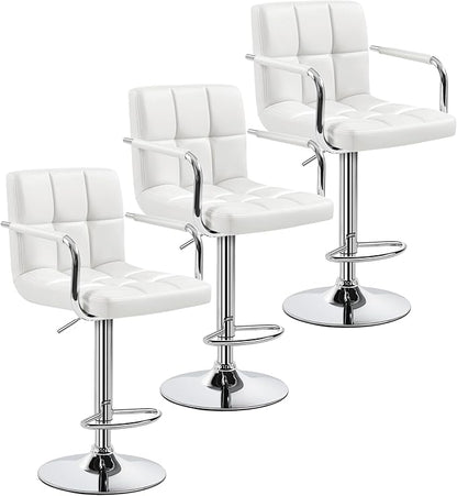 Yaheetech Bar Stools Set of 3, PU Leather Adjustable Barstools with Armrest, Counter Height Stool Chairs with Thickened Seat Cushion for Kitchen Island, White