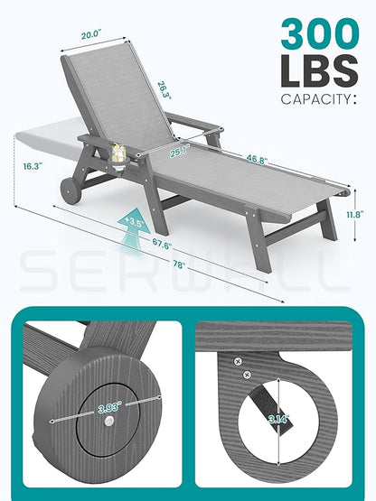 SERWALL Textilene Patio Chaise Lounge Chair Set of 2, 5 Positions Outdoor Lounger with Rolling Wheels for Pool, Deck, Grey