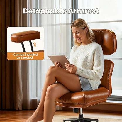Home Office Desk Chair, Mid-Century Modern Office Chair with Adjustable Lumbar Support, Thickened Cushion Executive Desk Chair with 360 Rolling Swivel for Meeting Game Study Room(Brown)